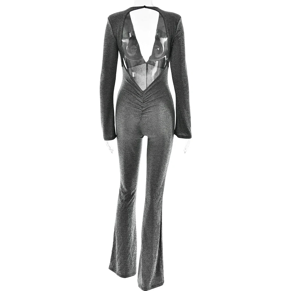 Jumpsuits- Sparkly Evening Jumpsuit Plunging Neckline Pantsuits- - IndioGear