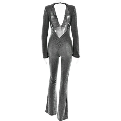 Jumpsuits- Sparkly Evening Jumpsuit Plunging Neckline Pantsuits- - IndioGear