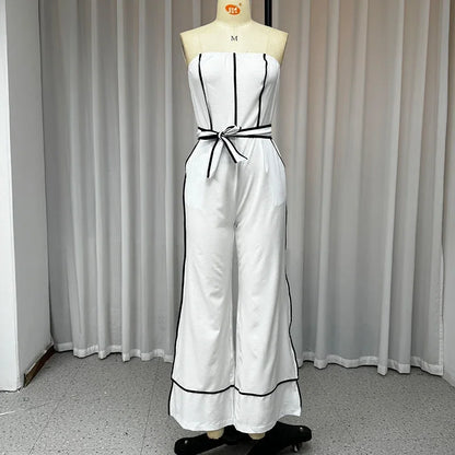 Jumpsuits- Strapless Belted Jumpsuit Wide-Leg Contrast Piping Pantsuit- - IndioGear Women Clothing