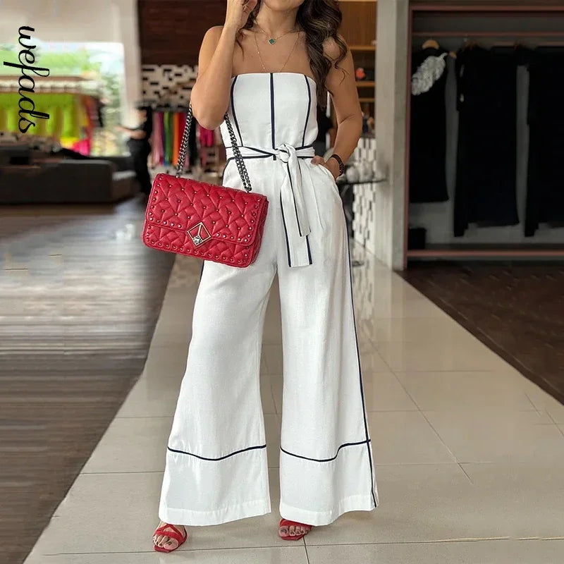 Jumpsuits- Strapless Belted Jumpsuit Wide-Leg Contrast Piping Pantsuit- White- IndioGear Women Clothing