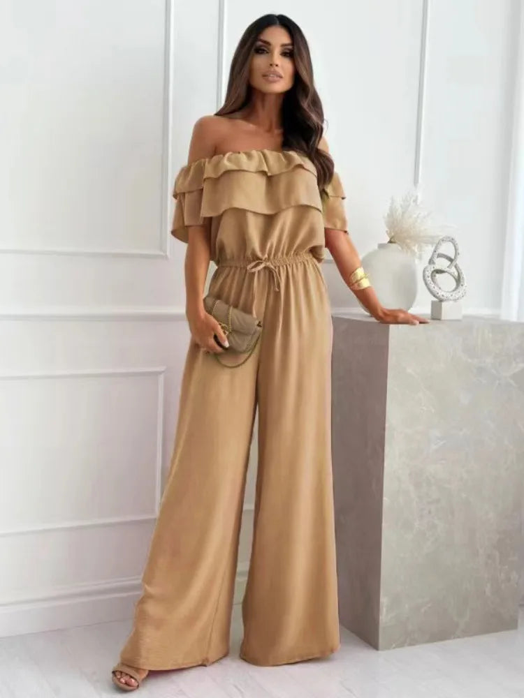 Jumpsuits- Summer Outfit Off-the-Shoulder Jumpsuit with Wide-Leg Pants- Khaki- IndioGear.com