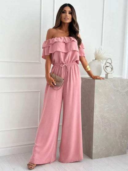 Jumpsuits- Summer Outfit Off-the-Shoulder Jumpsuit with Wide-Leg Pants- Pink- IndioGear.com