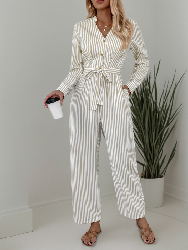 Jumpsuits- Vertical Stripe Belted Fall Jumpsuit- - IndioGear.com