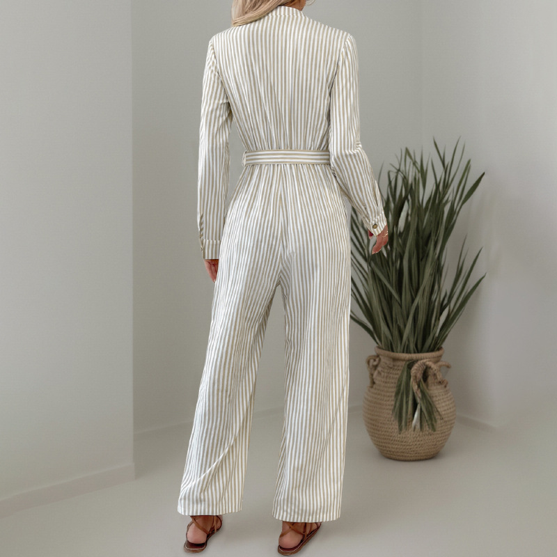 Jumpsuits- Vertical Stripe Belted Fall Jumpsuit- - IndioGear.com