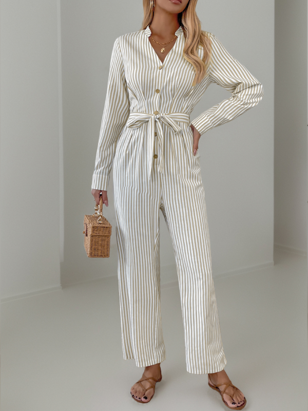 Jumpsuits- Vertical Stripe Belted Fall Jumpsuit- - IndioGear.com