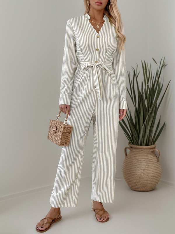 Jumpsuits- Vertical Stripe Belted Fall Jumpsuit- Cracker khaki- IndioGear.com