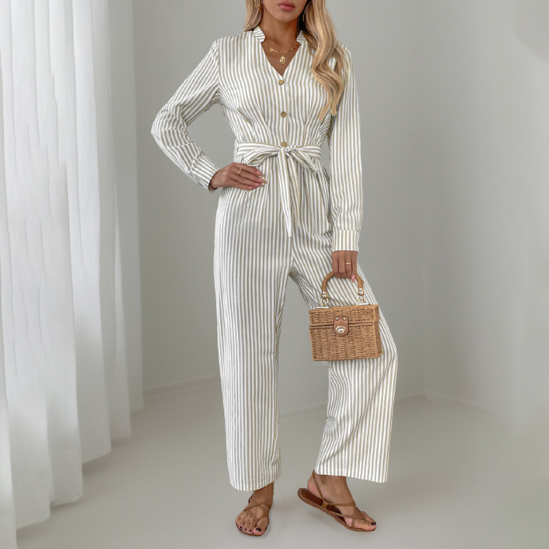 Jumpsuits- Vertical Stripe Belted Fall Jumpsuit- - IndioGear.com