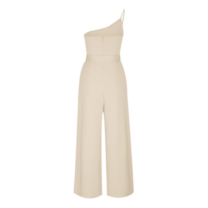 Jumpsuits- Wide-Leg Belted Jumpsuit for Elegant Evenings- Apricot- IndioGear Women Clothing