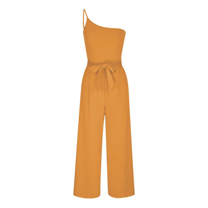 Jumpsuits- Wide-Leg Belted Jumpsuit for Elegant Evenings- Ginger Yellow- IndioGear Women Clothing