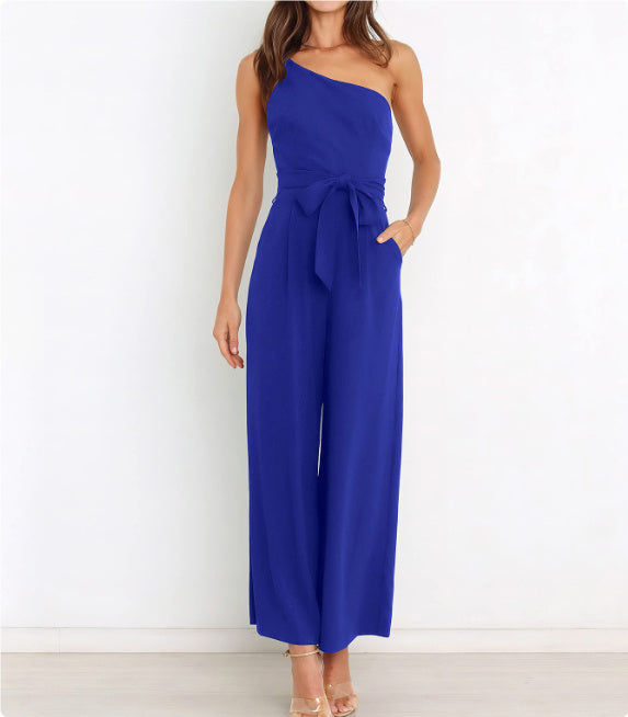 Jumpsuits- Wide-Leg Belted Jumpsuit for Elegant Evenings- Blue- IndioGear Women Clothing