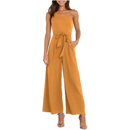 Jumpsuits- Wide-Leg Belted Jumpsuit for Elegant Evenings- - IndioGear Women Clothing