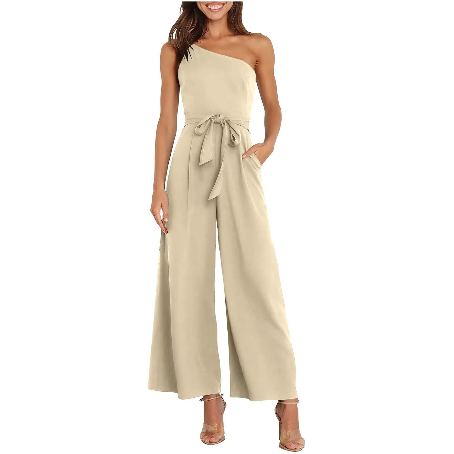 Jumpsuits- Wide-Leg Belted Jumpsuit for Elegant Evenings- - IndioGear Women Clothing