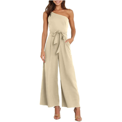 Jumpsuits- Wide-Leg Belted Jumpsuit for Elegant Evenings- - IndioGear Women Clothing