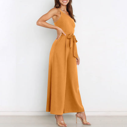 Jumpsuits- Wide-Leg Belted Jumpsuit for Elegant Evenings- - IndioGear Women Clothing