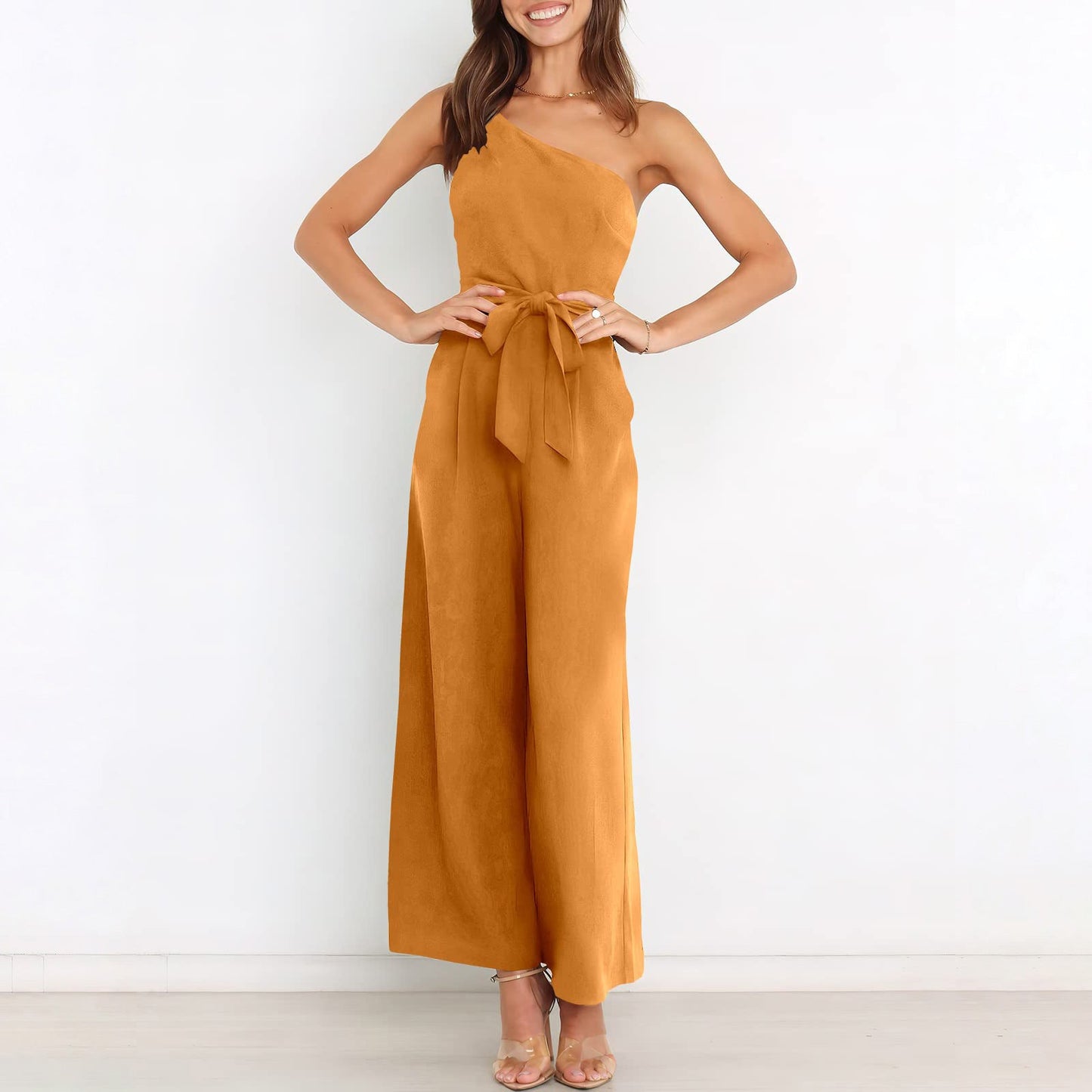 Jumpsuits- Wide-Leg Belted Jumpsuit for Elegant Evenings- - IndioGear Women Clothing