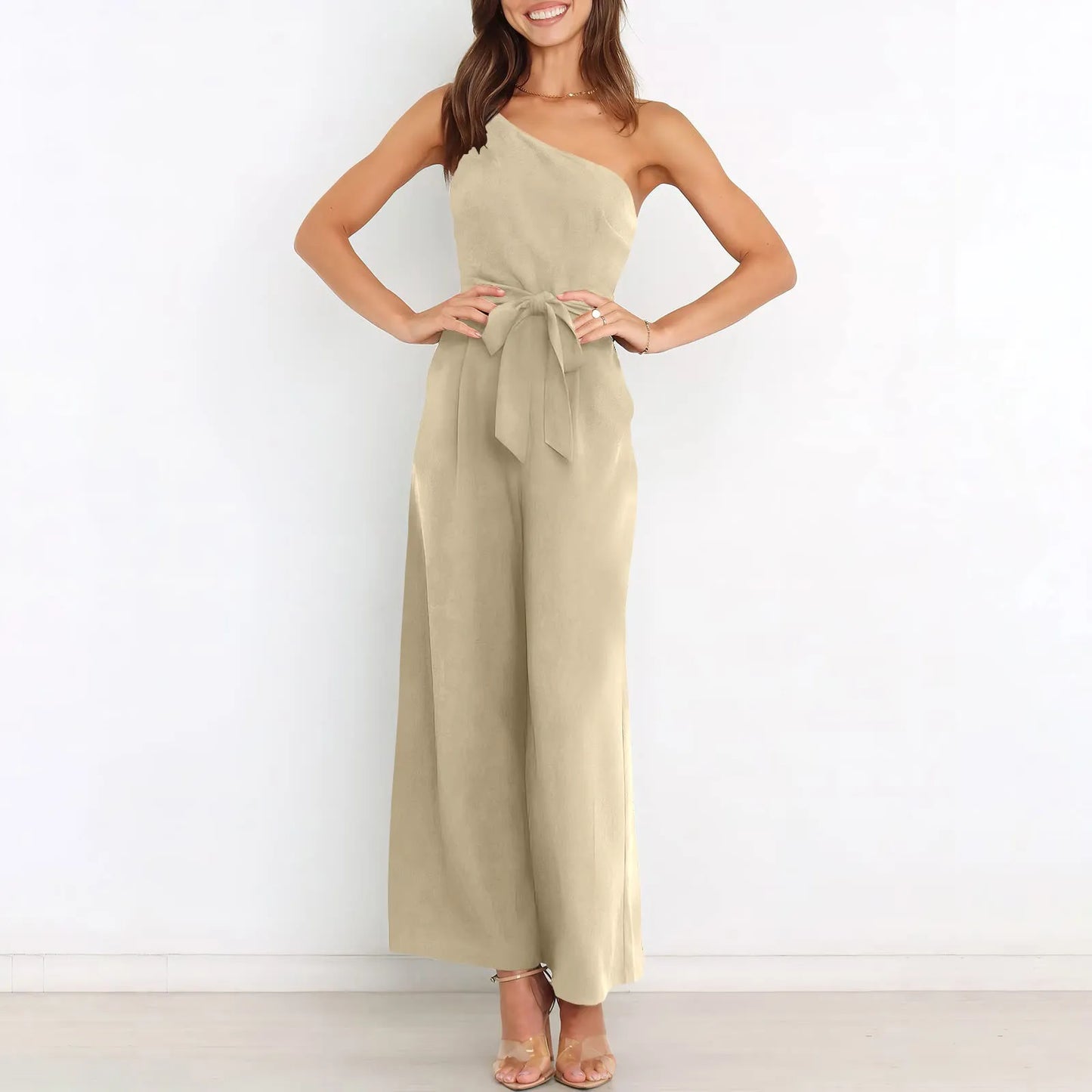 Jumpsuits- Wide-Leg Belted Jumpsuit for Elegant Evenings- - IndioGear Women Clothing