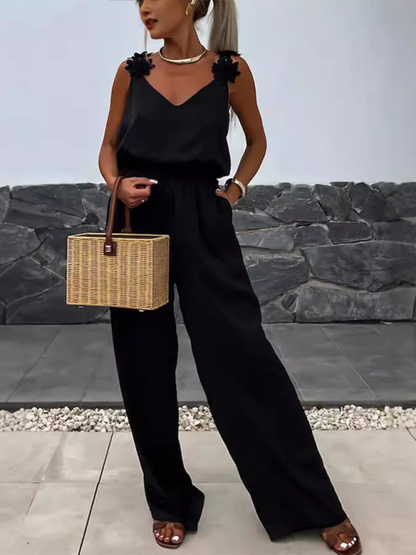 Jumpsuits- Wide-Leg Cami Blouson Jumpsuit with Floral Applique- Black- IndioGear.com