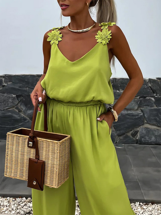 Jumpsuits- Wide-Leg Cami Blouson Jumpsuit with Floral Applique- GreenYellow- IndioGear.com