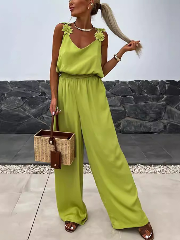 Jumpsuits- Wide-Leg Cami Blouson Jumpsuit with Floral Applique- - IndioGear.com