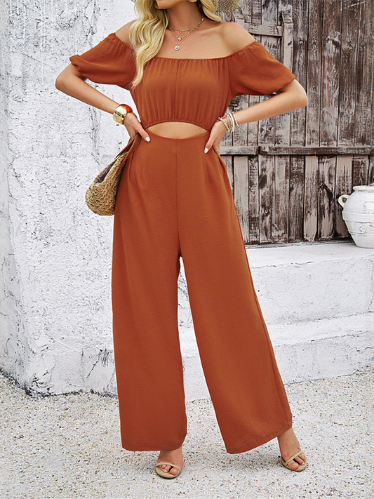 Jumpsuits- Wide-Leg Playsuit - Women’s Solid Off-Shoulder Jumpsuit- Brown- IndioGear.com