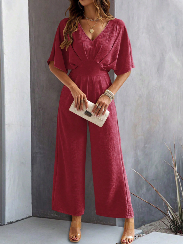 Jumpsuits- Women Elegant Batwing Sleeve Wide-Leg Jumpsuit- - IndioGear.com