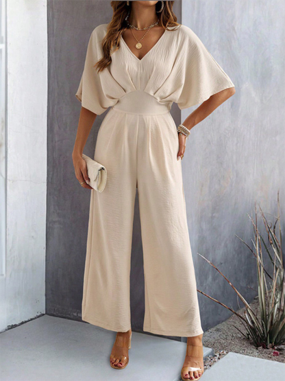 Jumpsuits- Women Elegant Batwing Sleeve Wide-Leg Jumpsuit- Cracker khaki- IndioGear.com