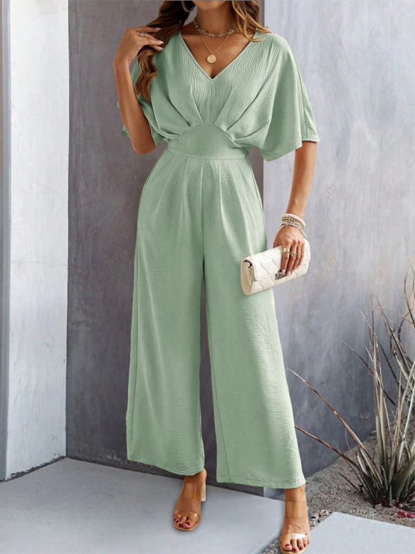 Jumpsuits- Women Elegant Batwing Sleeve Wide-Leg Jumpsuit- Pea green grey- IndioGear.com