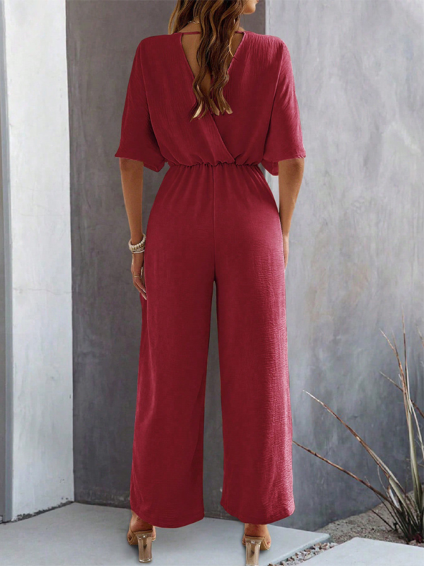 Jumpsuits- Women Elegant Batwing Sleeve Wide-Leg Jumpsuit- - IndioGear.com