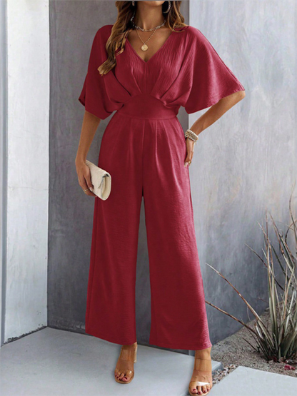 Jumpsuits- Women Elegant Batwing Sleeve Wide-Leg Jumpsuit- Wine Red- IndioGear.com