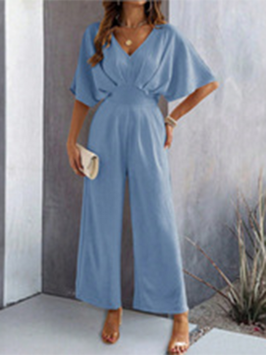 Jumpsuits- Women Elegant Batwing Sleeve Wide-Leg Jumpsuit- Blue- IndioGear.com