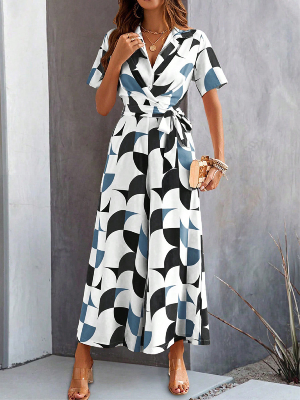 Jumpsuits- Women Elegant Geometric Jumpsuit - Belted Full-Length Playsuit- - IndioGear.com