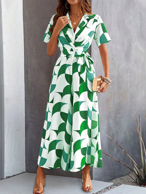 Jumpsuits- Women Elegant Geometric Jumpsuit - Belted Full-Length Playsuit- - IndioGear.com