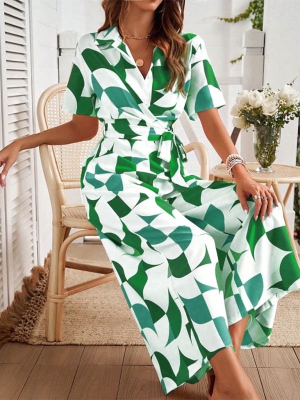 Jumpsuits- Women Elegant Geometric Jumpsuit - Belted Full-Length Playsuit- - IndioGear.com