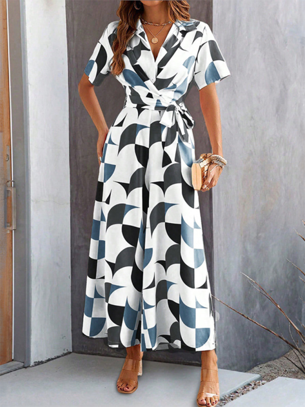 Jumpsuits- Women Elegant Geometric Jumpsuit - Belted Full-Length Playsuit- Black- IndioGear.com