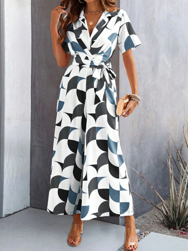 Jumpsuits- Women Elegant Geometric Jumpsuit - Belted Full-Length Playsuit- - IndioGear.com