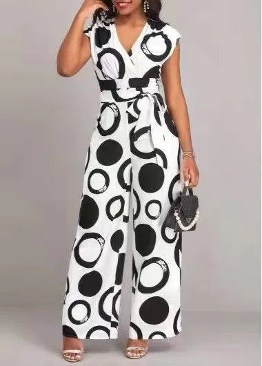 Jumpsuits- Women Geometric Playsuit Belted Wide-Leg Jumpsuit- White- IndioGear.com