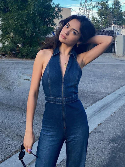 Jumpsuits- Women Washed Denim Zip-Up Jumpsuit- - IndioGear.com