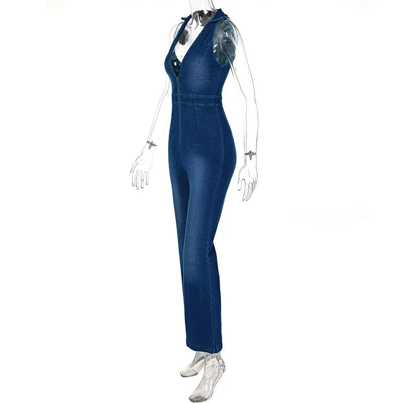 Jumpsuits- Women Washed Denim Zip-Up Jumpsuit- - IndioGear.com