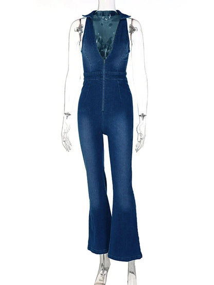 Jumpsuits- Women Washed Denim Zip-Up Jumpsuit- - IndioGear.com