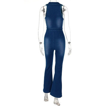 Jumpsuits- Women Washed Denim Zip-Up Jumpsuit- - IndioGear.com