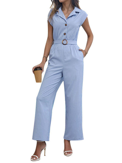 Jumpsuits- Women's Button-Up Playsuit - Full-Length Shirt Playsuit with Belt- - IndioGear Fashion and Gear