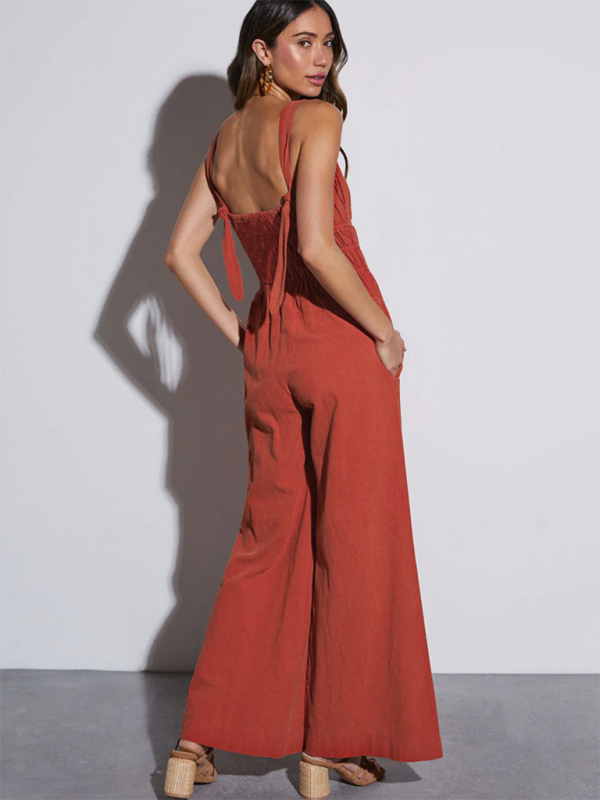 Jumpsuits- Women's Full-Length Jumpsuit with Gathered Waist- - IndioGear.com