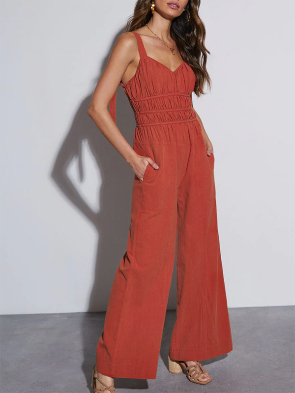 Jumpsuits- Women's Full-Length Jumpsuit with Gathered Waist- - IndioGear.com