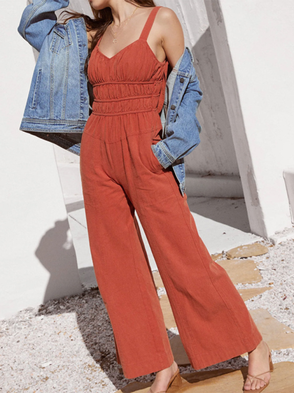 Jumpsuits- Women's Full-Length Jumpsuit with Gathered Waist- Orange Red- IndioGear.com