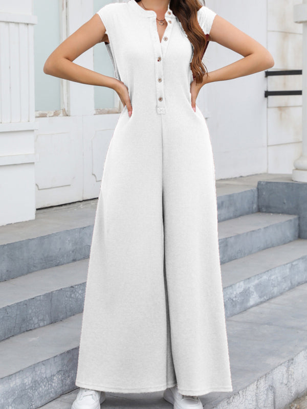 Jumpsuits- Women's Solid Wide-Leg Loose Jumpsuit - Oversized Playsuit- White- IndioGear Fashion and Gear