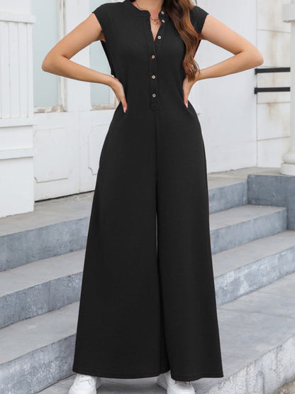 Jumpsuits- Women's Solid Wide-Leg Loose Jumpsuit - Oversized Playsuit- Black- IndioGear Fashion and Gear