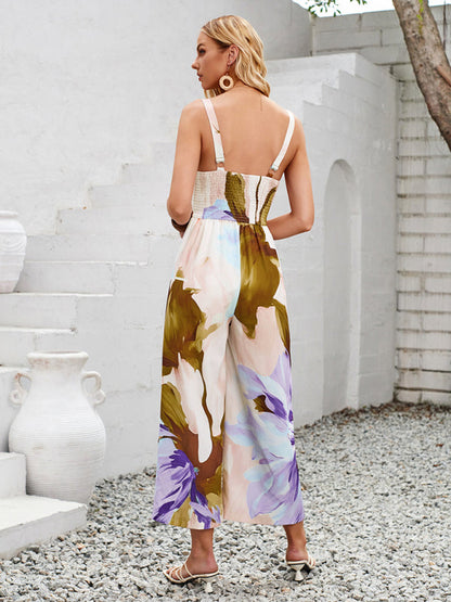 Jumpsuits- Women's Wide-Leg Cutout Jumpsuit in Floral Print- - IndioGear Fashion and Gear