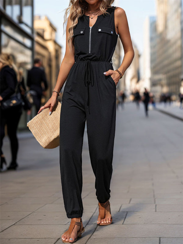 Jumpsuits- Women's Zip-Up Flap Pencil Jumpsuit - Playsuit with Gathered Waist- - IndioGear Fashion and Gear