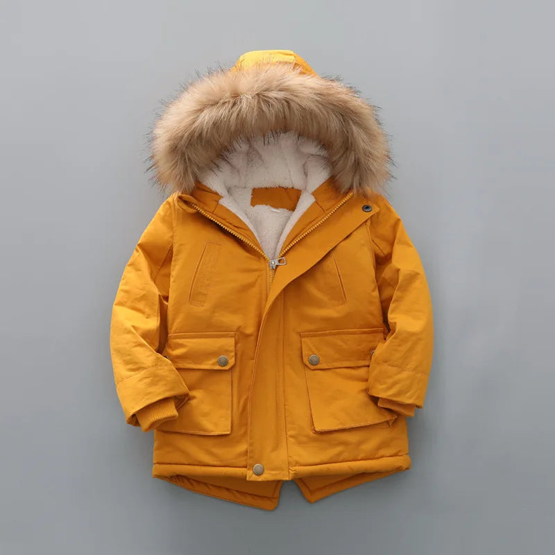 Kids Coats- Kid's Hooded Winter Coat Fleece-Lined Jacket- Yellow- IndioGear Women Clothing