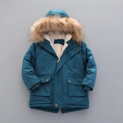 Kids Coats- Kid's Hooded Winter Coat Fleece-Lined Jacket- Lake Blue- IndioGear Women Clothing